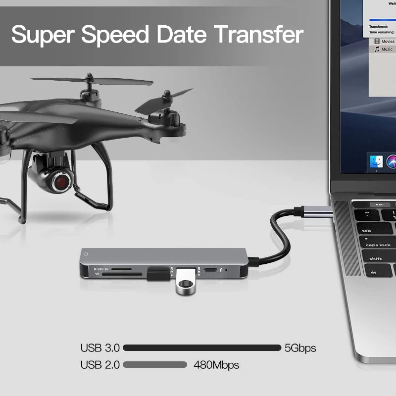 USB-C multiport hub connected to a laptop, showing front USB and charging ports