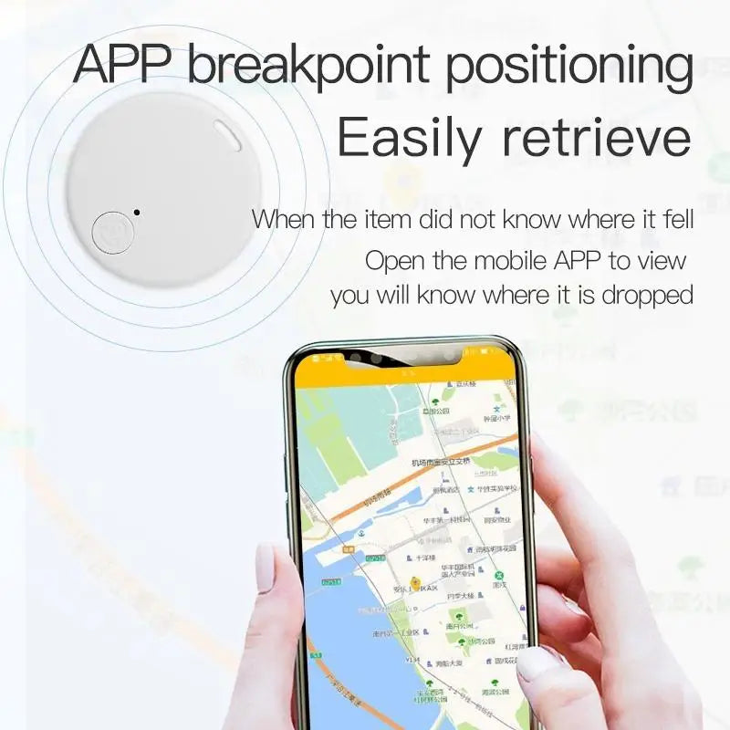 White round Bluetooth anti-lost tracker with app map on nearby smartphone