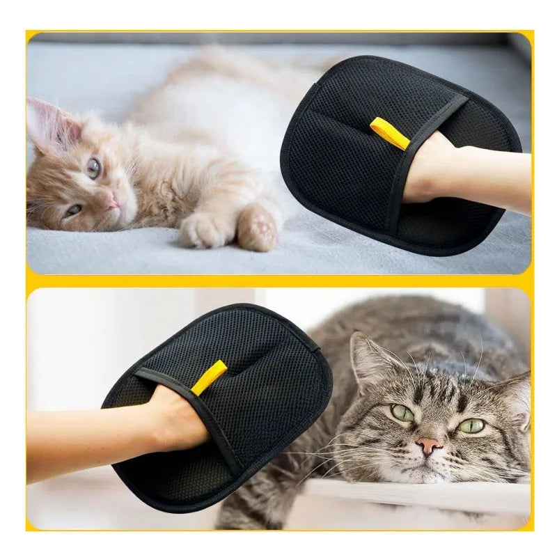 Black pet grooming mitt with yellow tab shown in two views for brushing