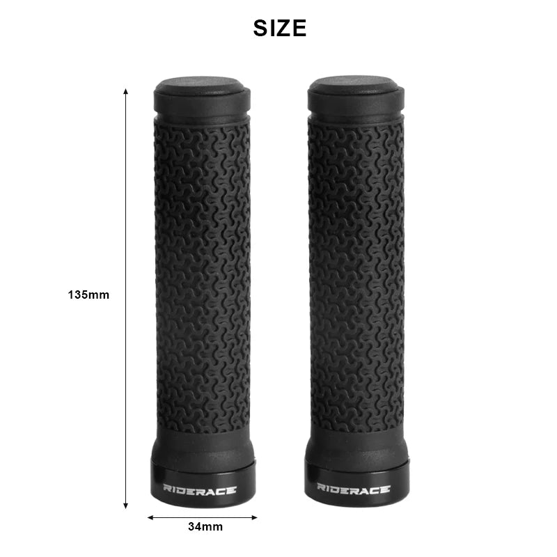 Pair of black MTB bicycle handlebar grips with size dimensions