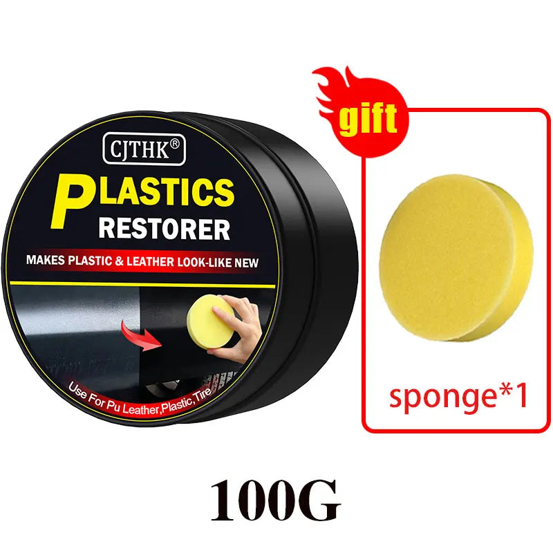 Plastic restorer jar, yellow sponge, and 100g label
