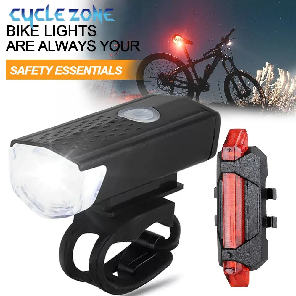 USB rechargeable bicycle headlight and rear taillight set, black housing with red lens