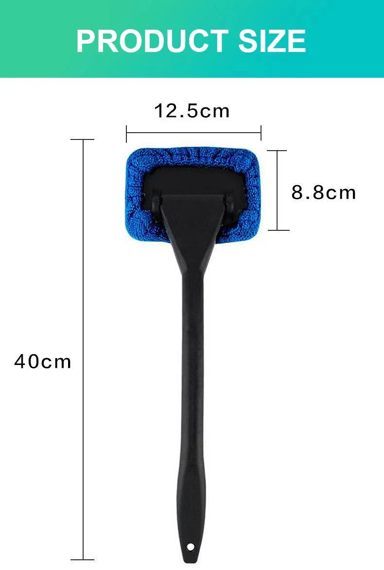 Car window cleaning brush with blue microfiber pad and long black handle.