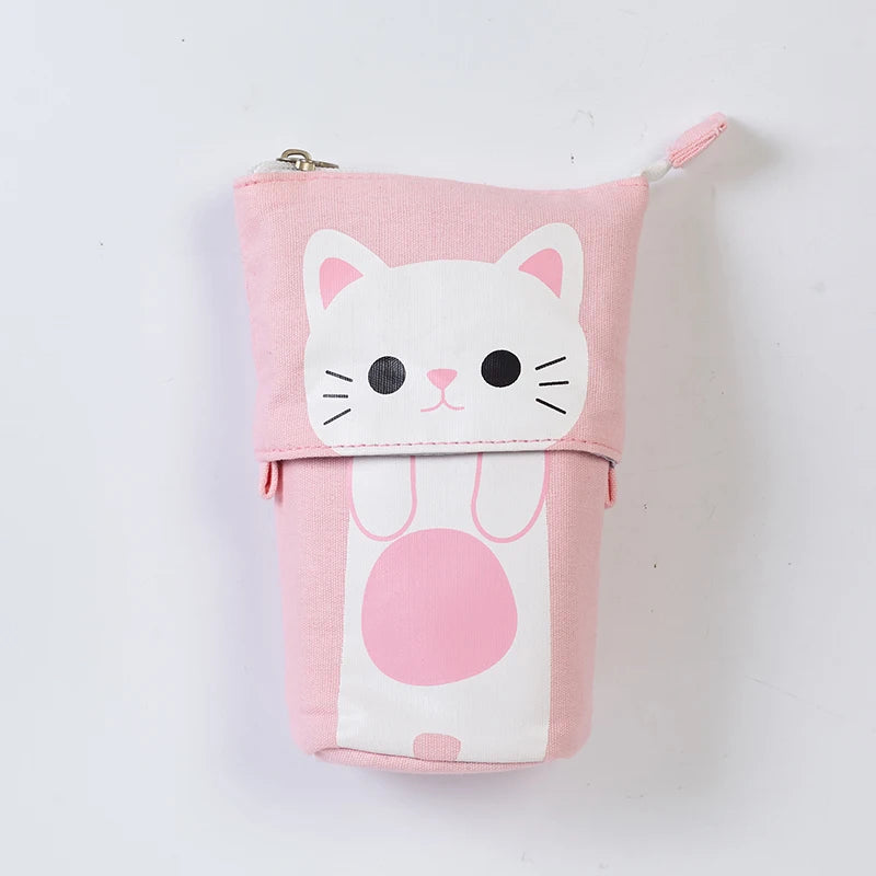 Canvas pencil pouch with zipper, pink cat face and large white paw patch.