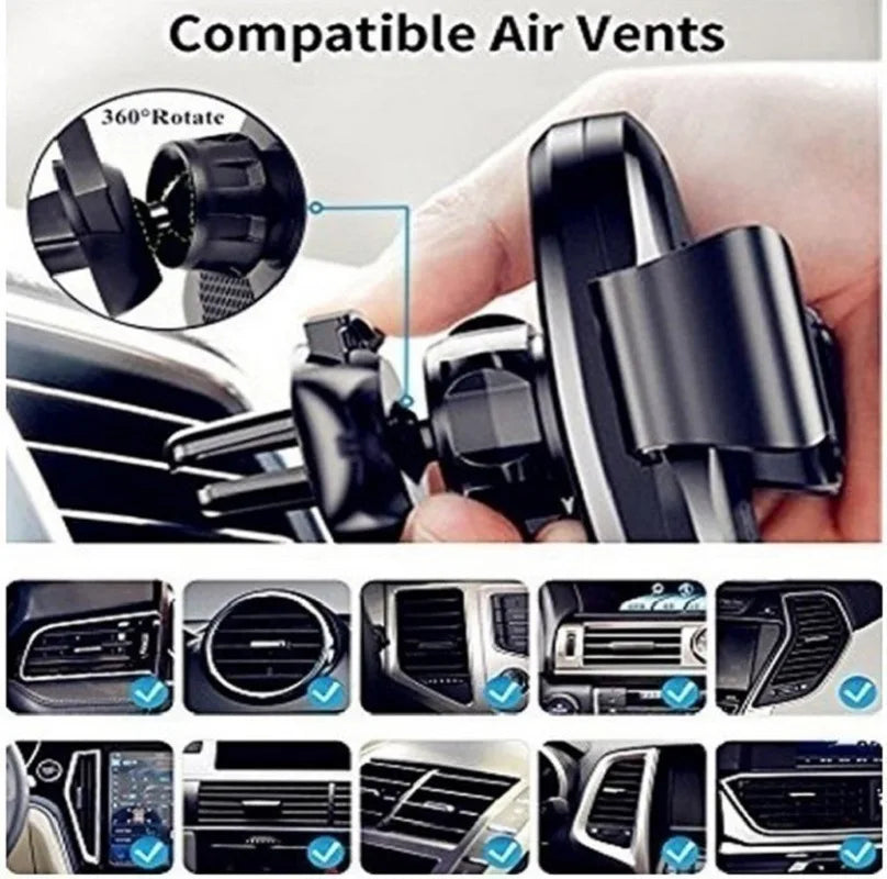 Air-vent compatible car phone holder with adjustable 360-degree rotating vent mount