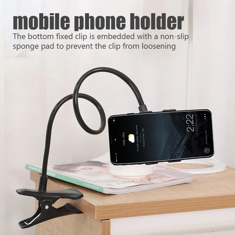 Black flexible phone holder clip with non-slip base and coiled support arm