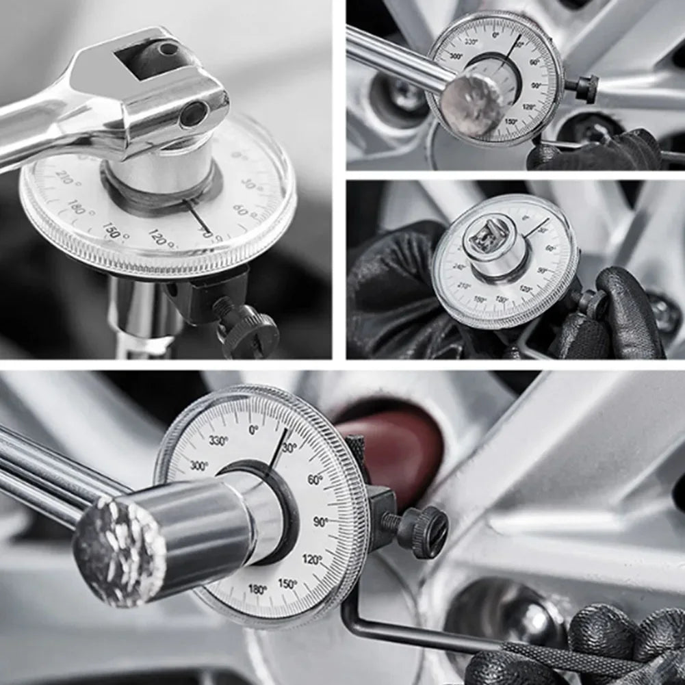 Automotive torque angle tool fitted on wheel hub, showing engraved dial scale