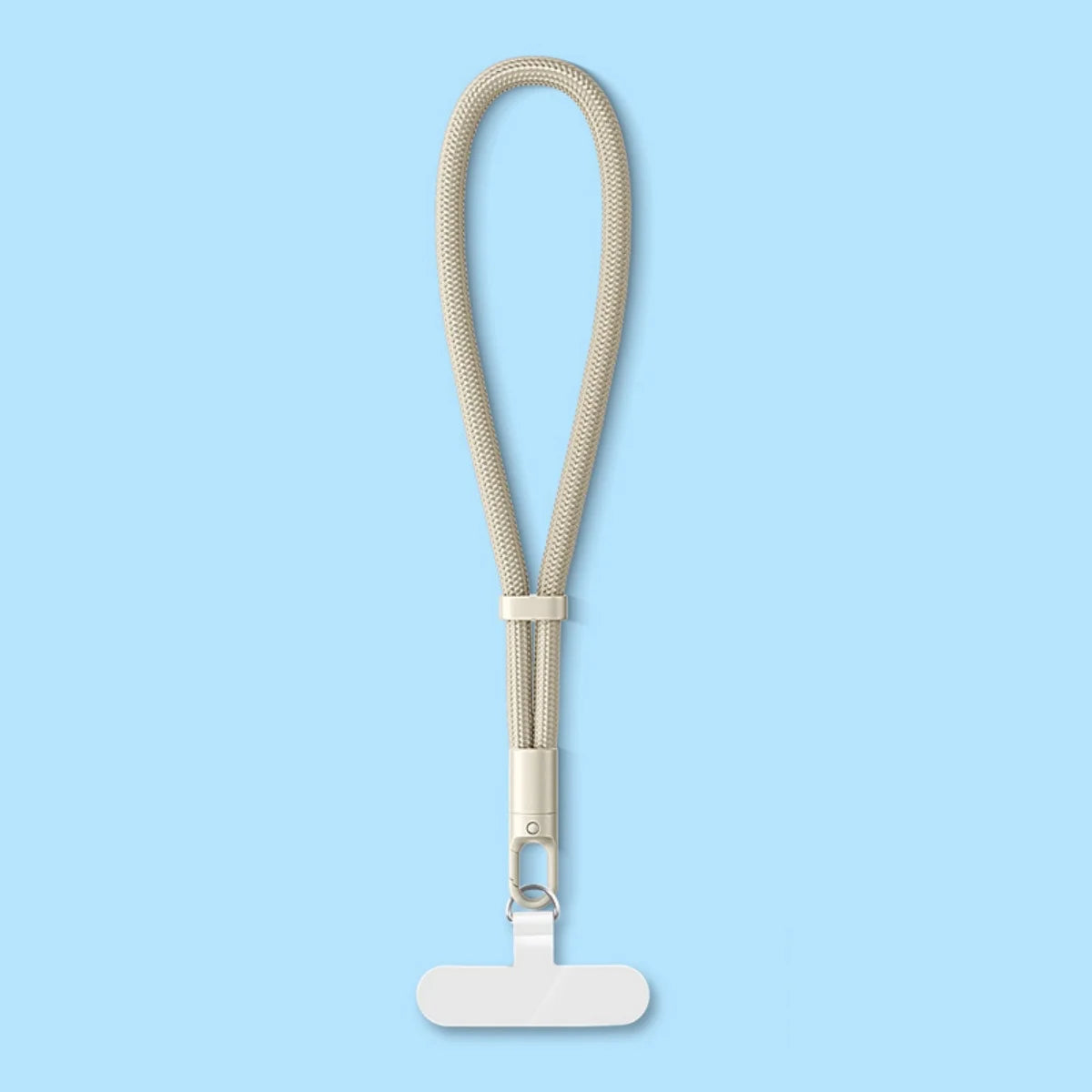 Light beige polyester phone wrist strap with self-locking anti-drop clip and loop