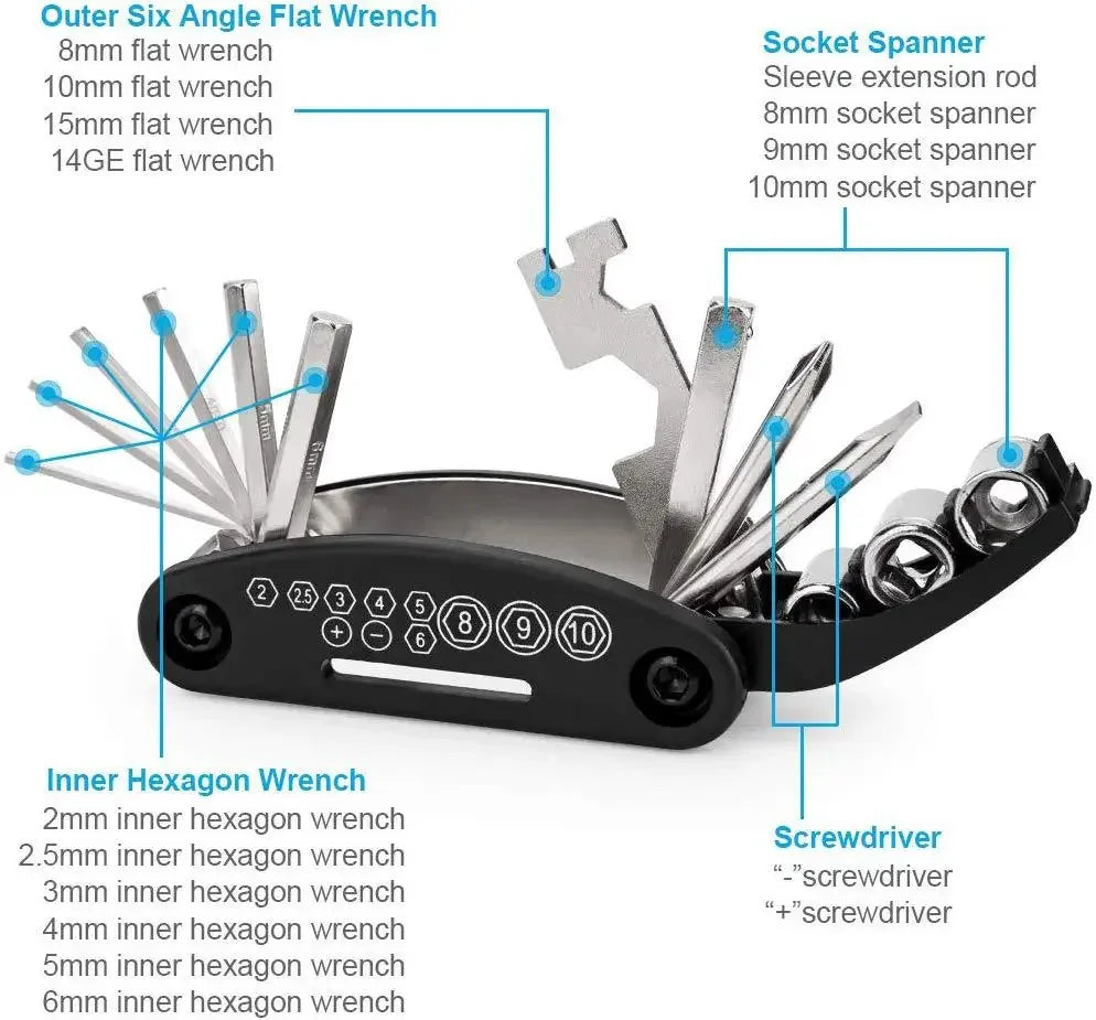 Bicycle repair multi-tool with hex keys, wrenches, and screwdriver bits