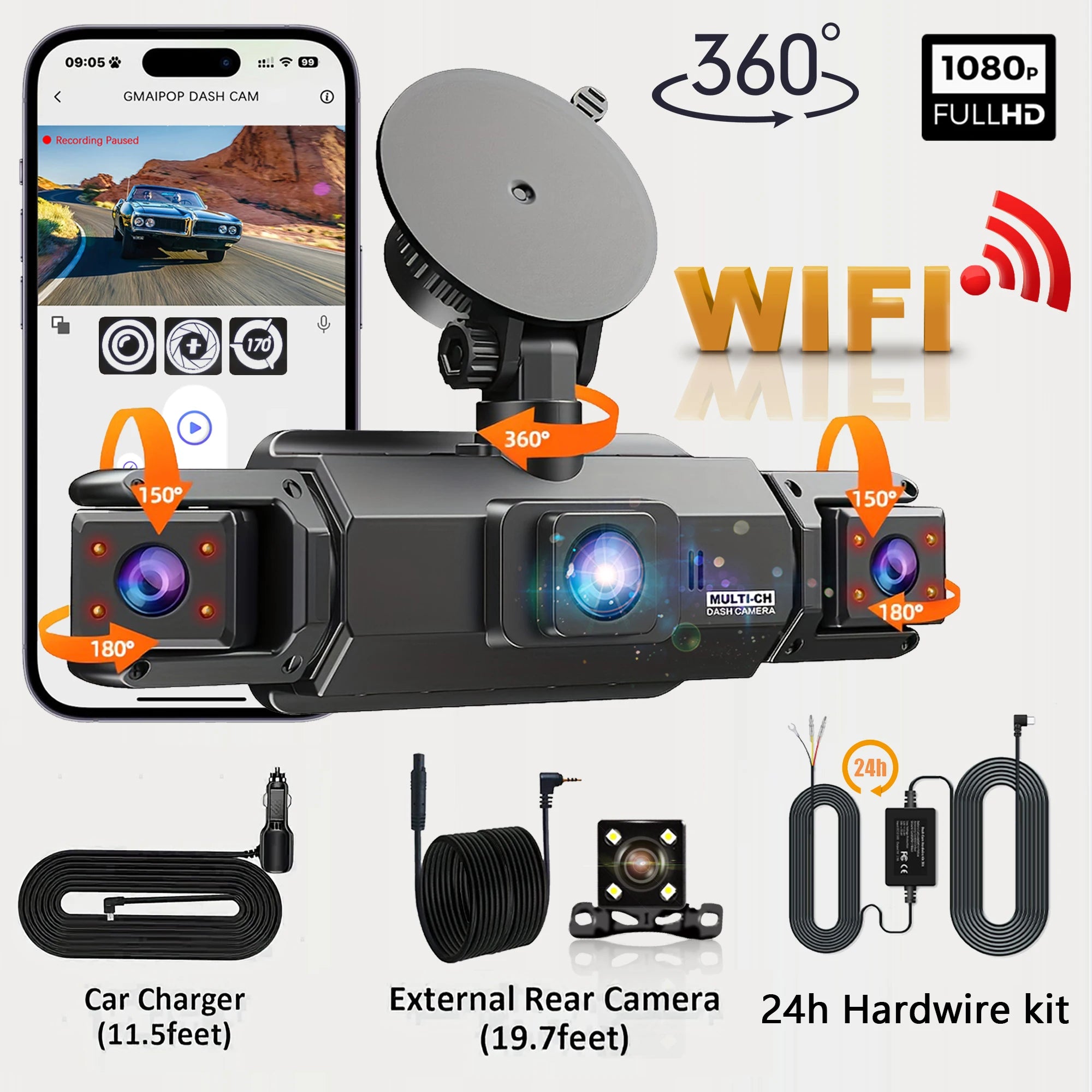 WiFi 4-channel dash cam kit with 24h hardwire kit, external rear camera, and charger