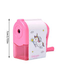 Pink rotary pencil sharpener with unicorn decal and side blade inlet