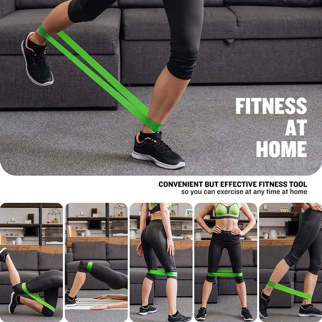Green resistance loop band around legs during lunge or squat stretching