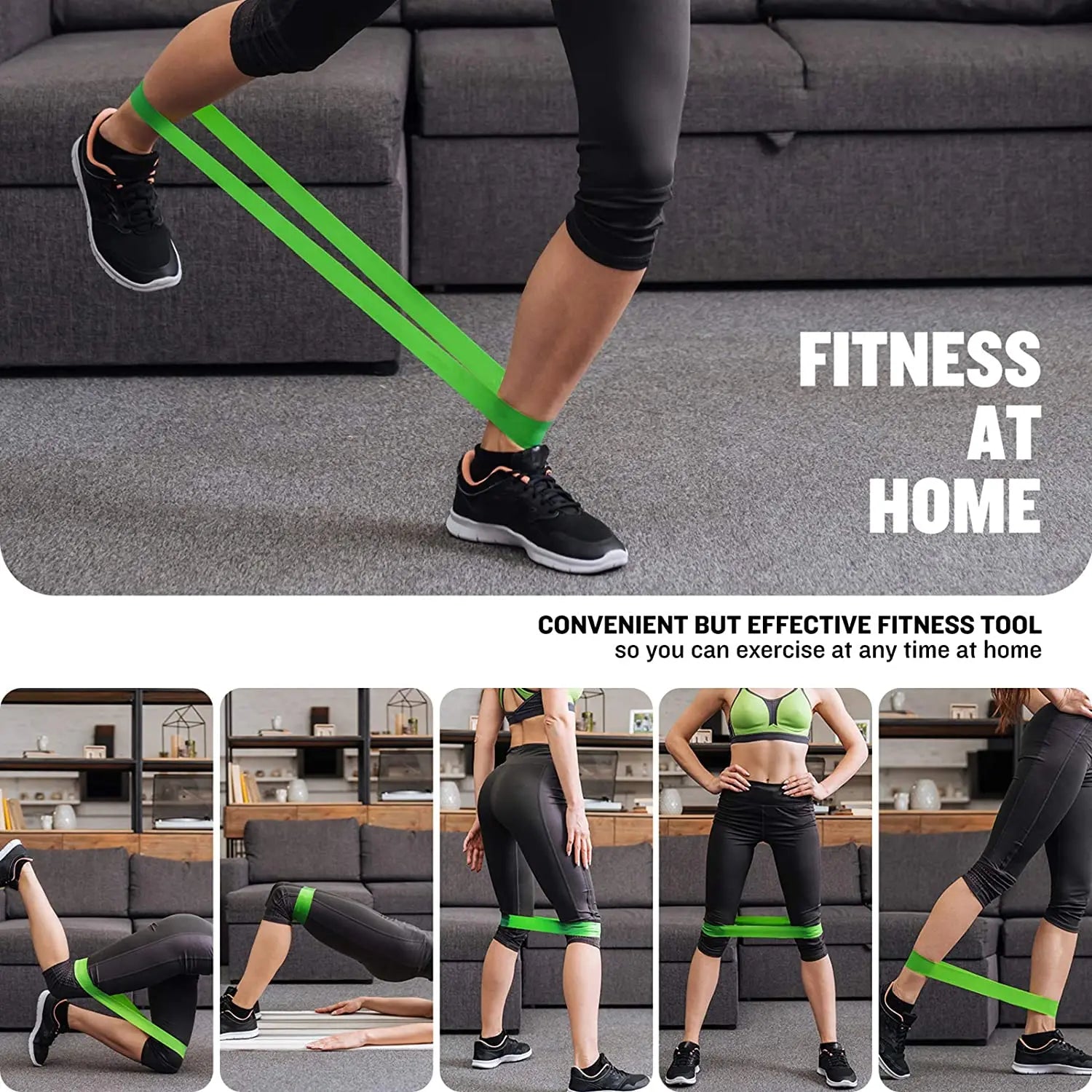 Green resistance loop band around legs during lunge or squat stretching