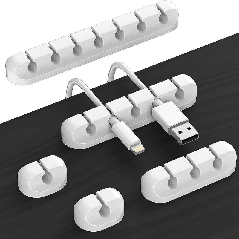 White cable organizer snap clip strip with multiple open slots for USB cables