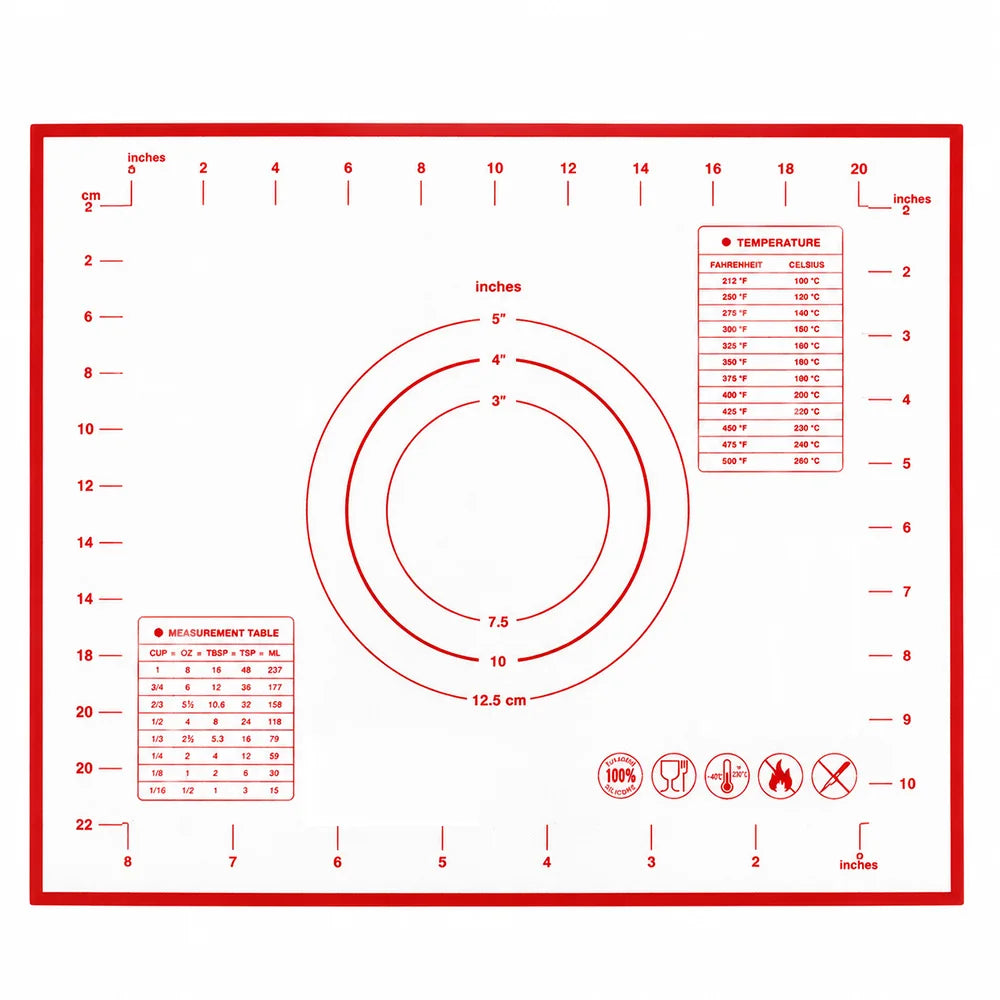 Silicone baking mat with concentric circle guide and temperature chart with measurement scale