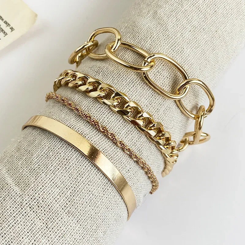 Gold-tone bracelet set with mixed chain textures and stacked cuff bangles