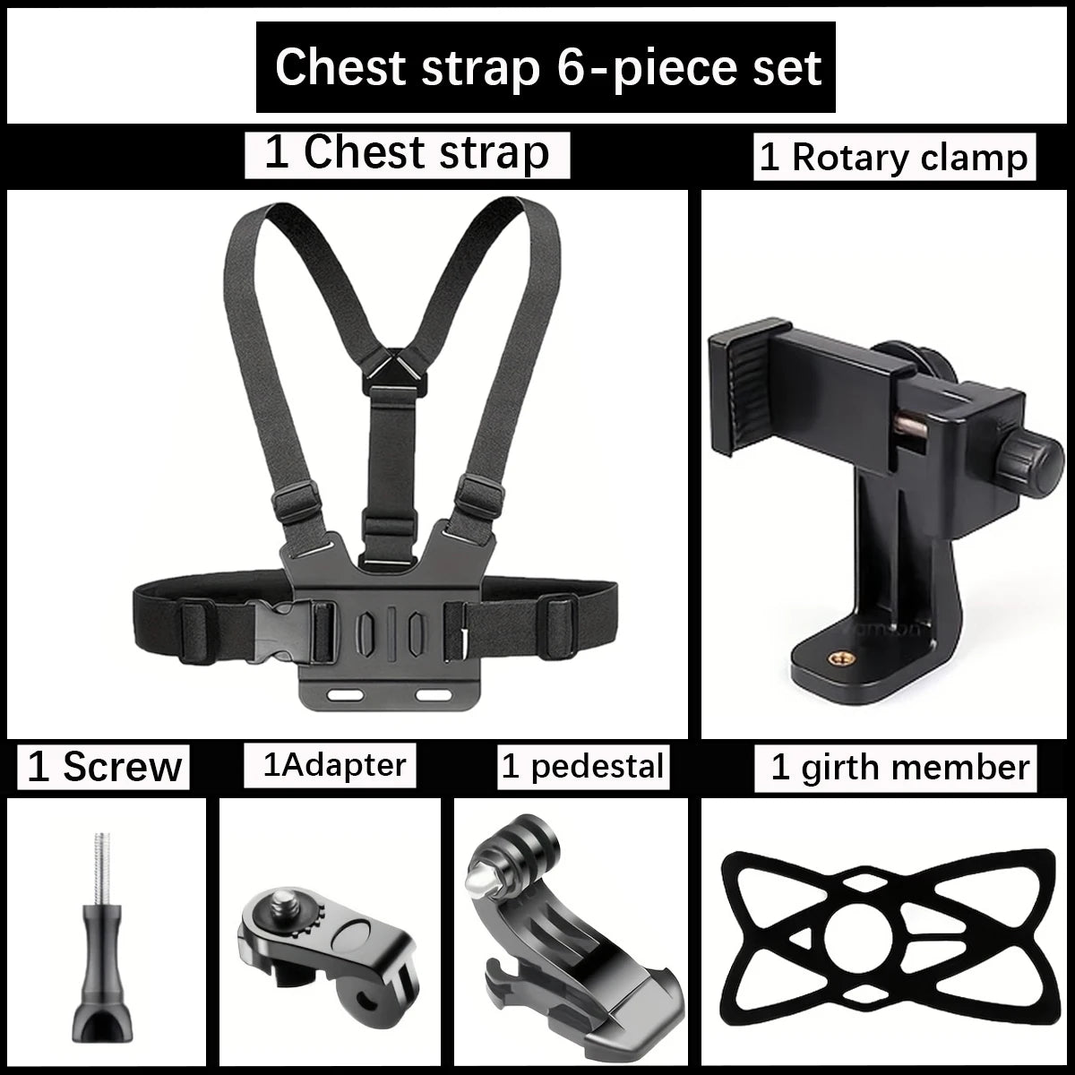 Chest strap 6-piece set with dark gray harness and rotary clamp mount accessories
