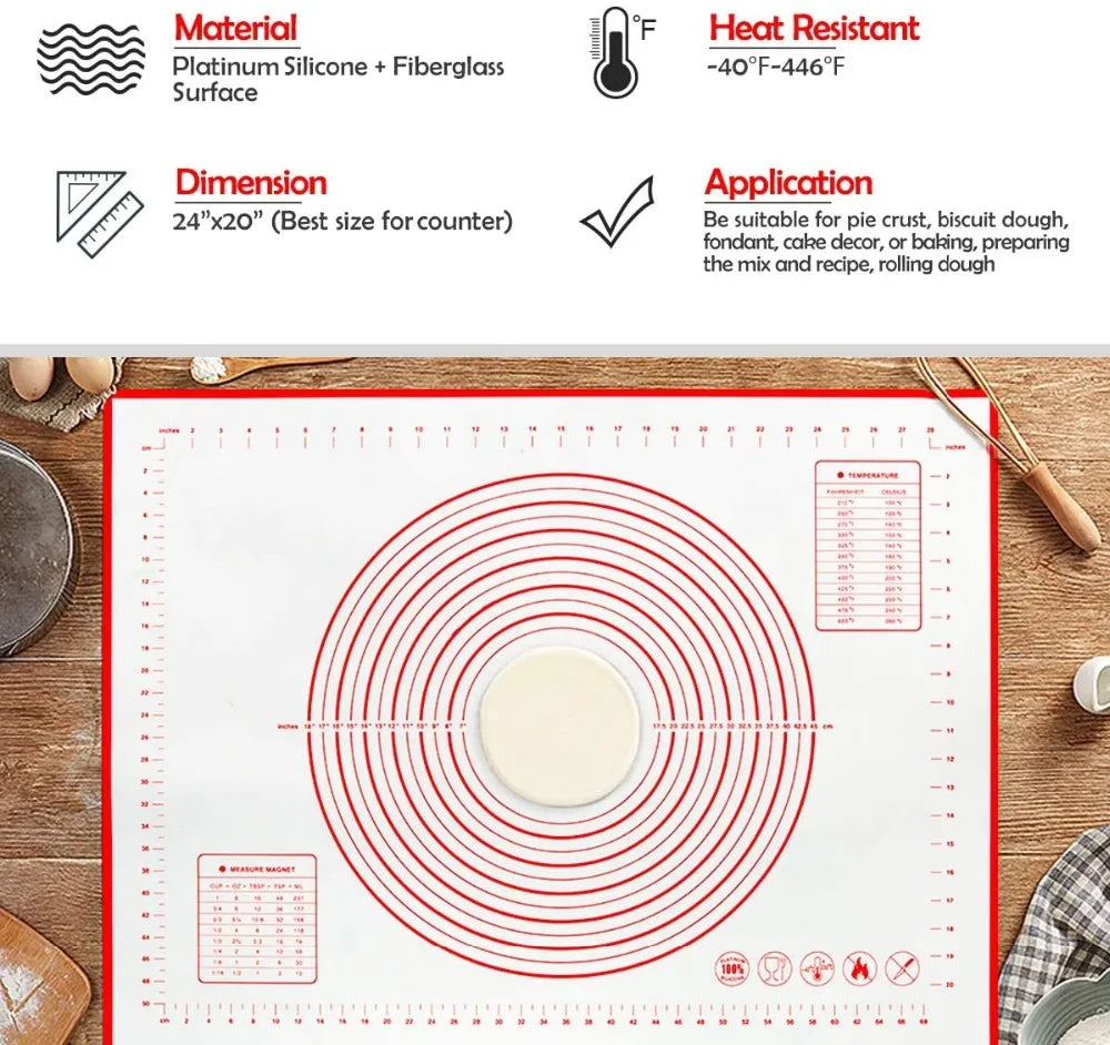 Large silicone baking mat with red central ring, concentric circles, and measurement grid