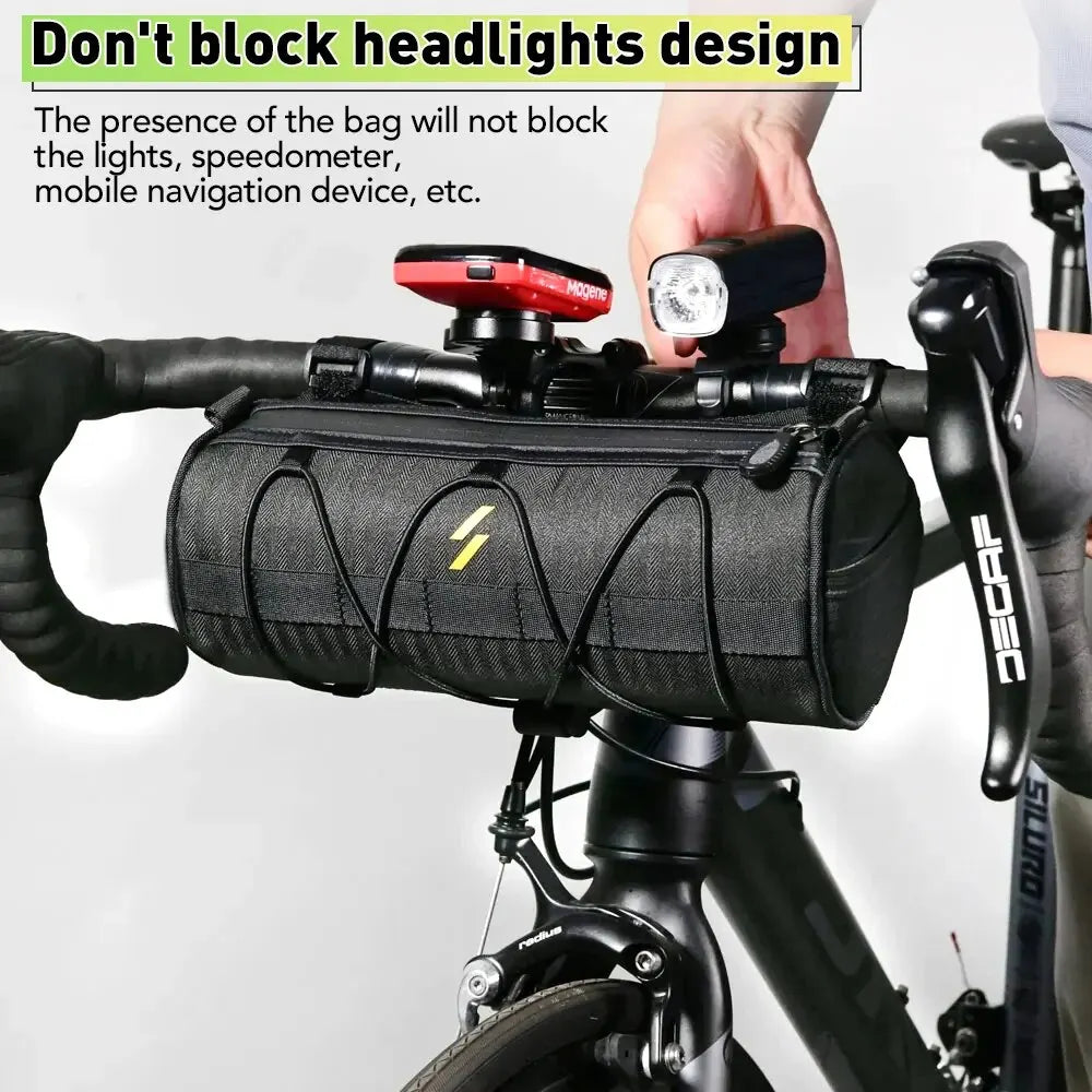 Black handlebar bicycle bag mounted on bike, with front zippered main compartment