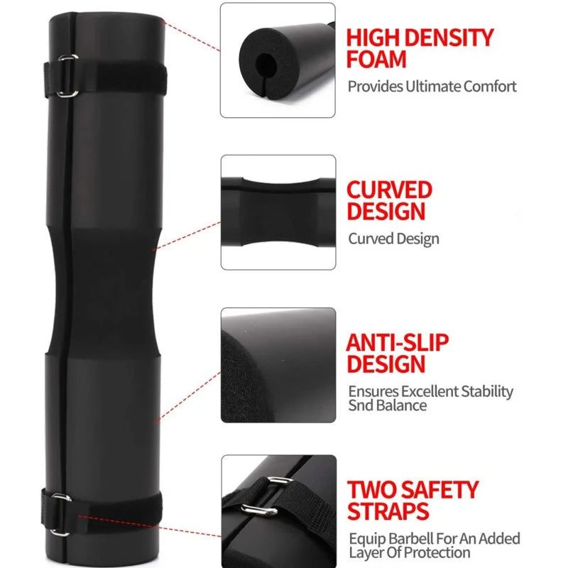 Black barbell pad with high-density foam, anti-slip surface, and two safety straps