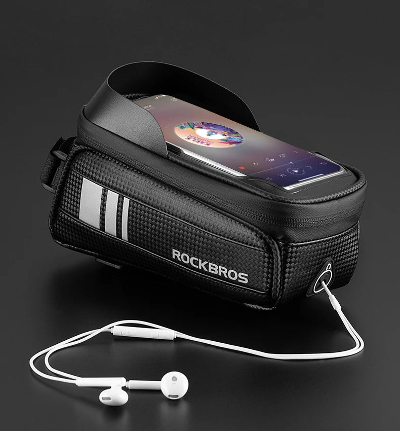 ROCKBROS waterproof bicycle frame bag with touch-screen window and earbud set