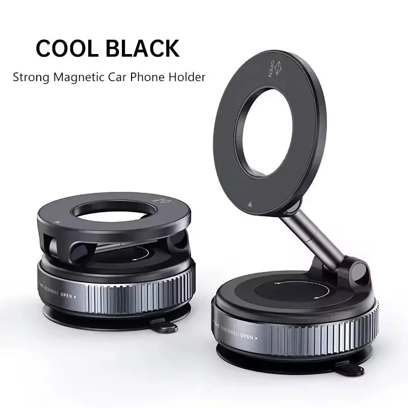 Black magnetic phone holder with vacuum suction cup, foldable mount, and metal base