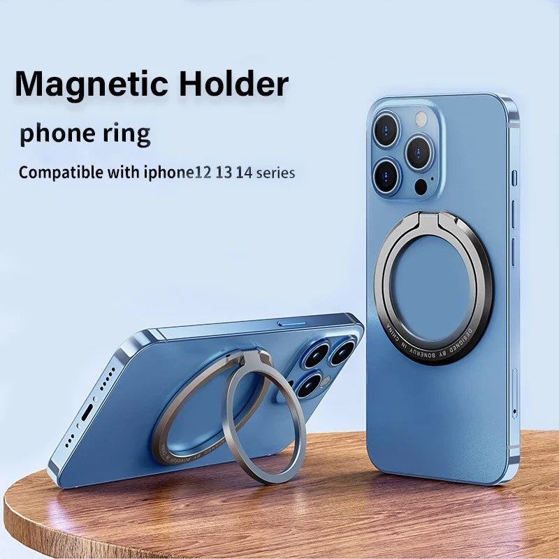 Blue phone with silver magnetic ring holder, round finger loop on back