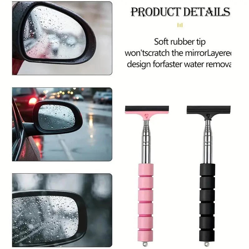 Rearview mirror wiper tool with soft rubber tips on pink and black telescopic handles