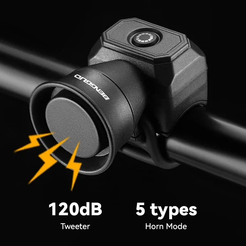 Black bicycle electronic horn bell with front speaker and mounting clamp