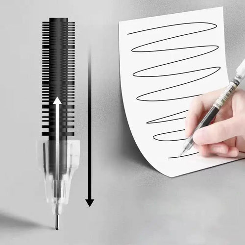 Needle-tip gel pen writing fine lines on paper; black pen held by hand.