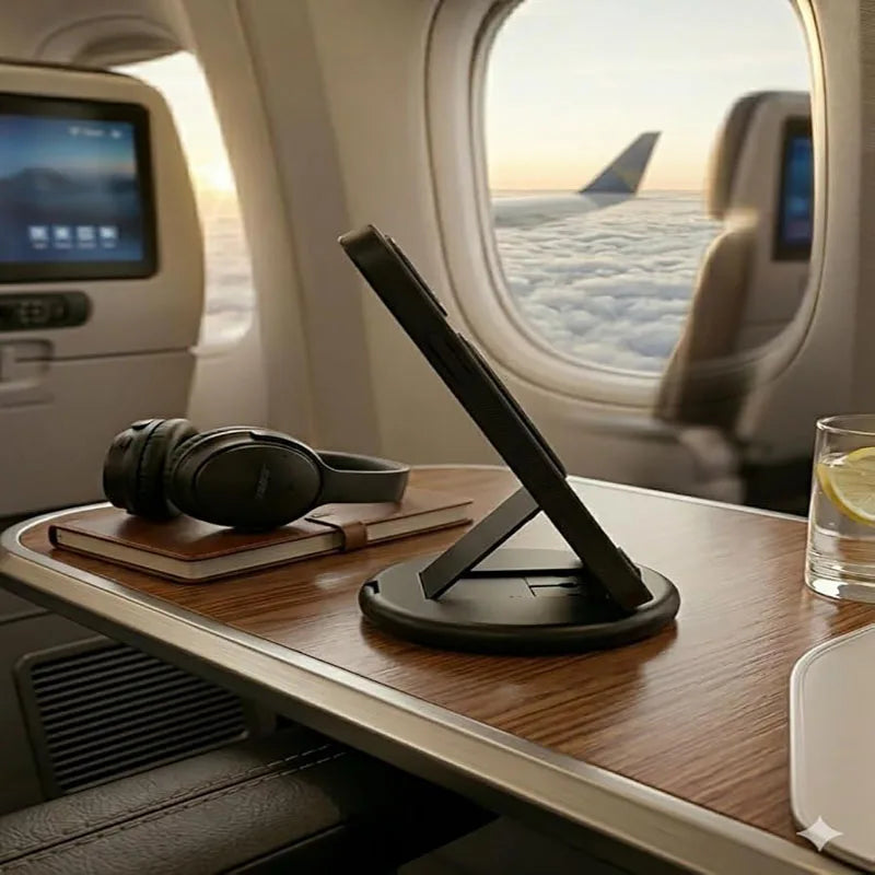 Travel multi-USB Type C adapter kit with multi-connector cable on an airplane tray table