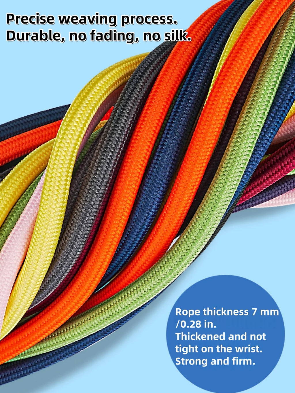 Close-up of woven polyester lanyard cords in multiple colors with thick 7 mm texture.