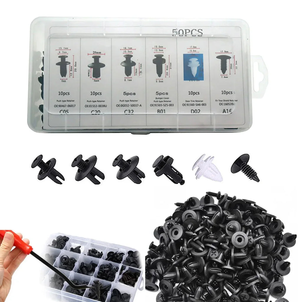 Auto fastener clip kit in clear case with mixed black push retainer clips
