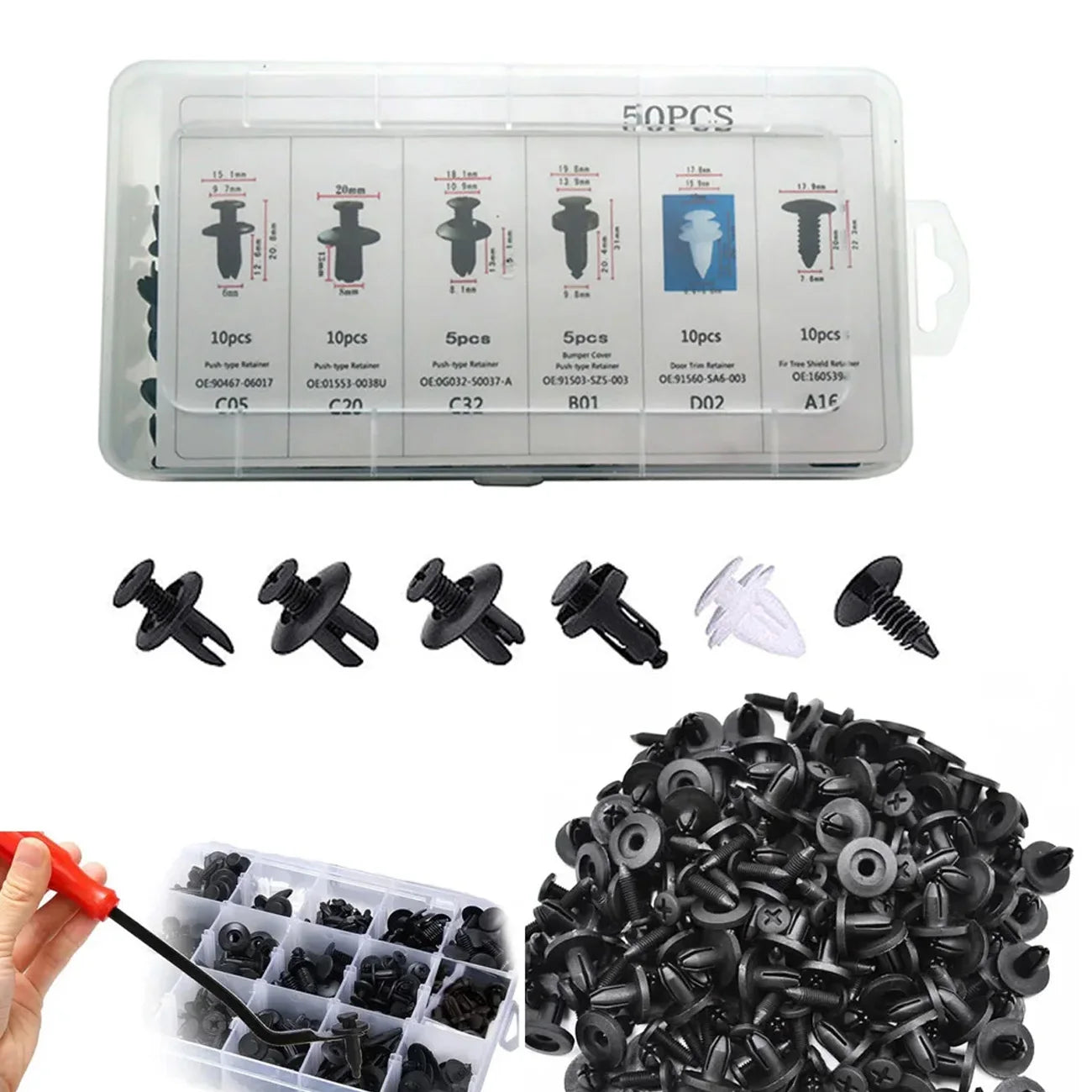 Auto fastener clip kit in clear case with mixed black push retainer clips