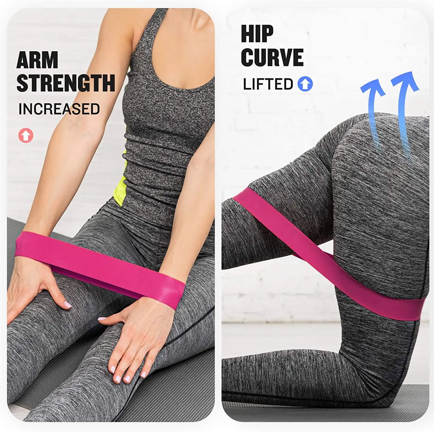 Pink resistance loop band on leg for hip and glute stretching