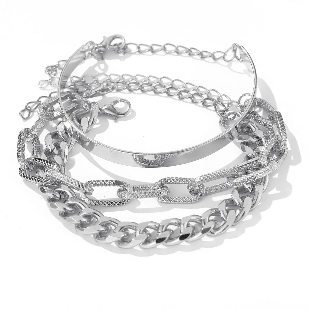 Silver open bangle and chain bracelet set with thick curb links and textured cuff band
