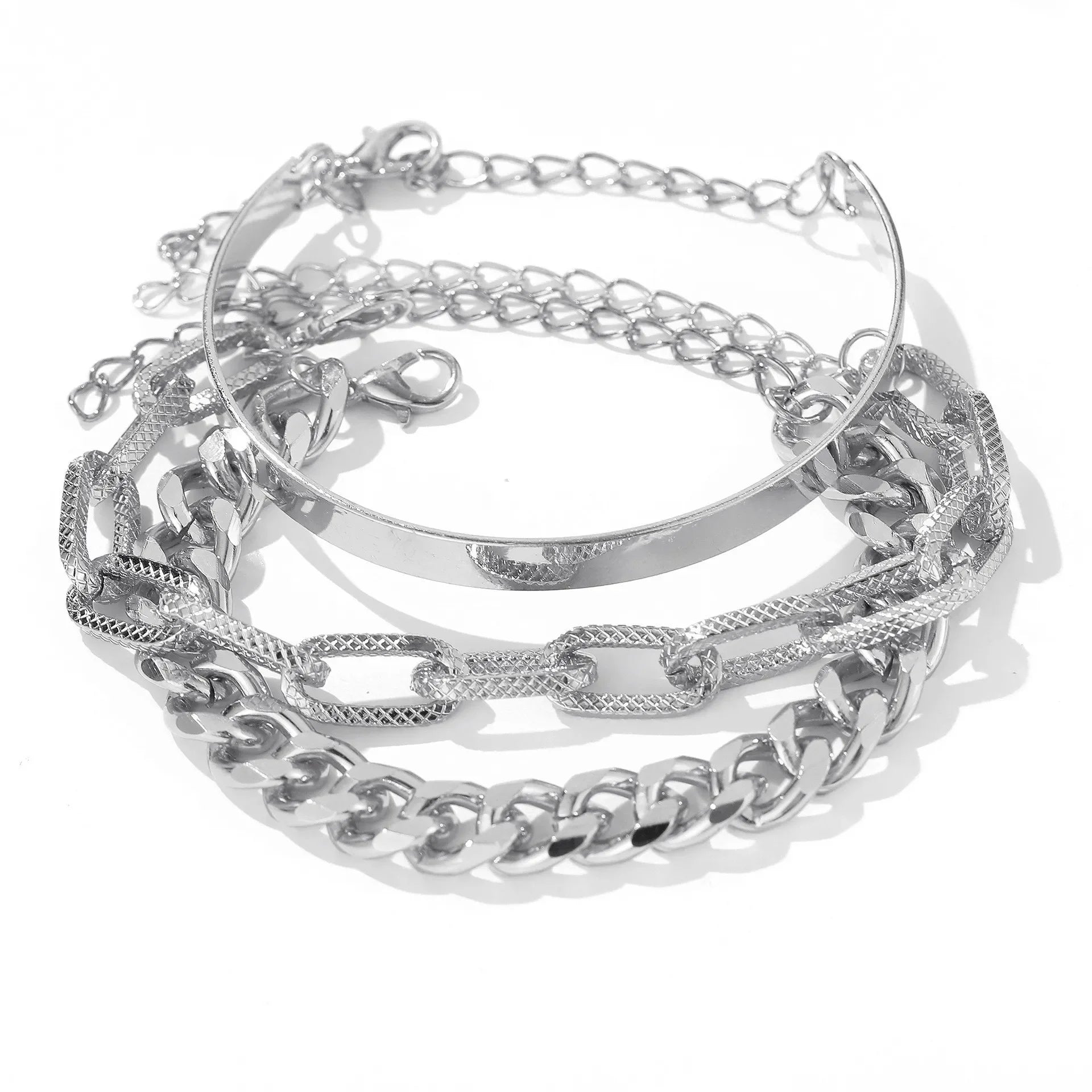 Silver open bangle and chain bracelet set with thick curb links and textured cuff band