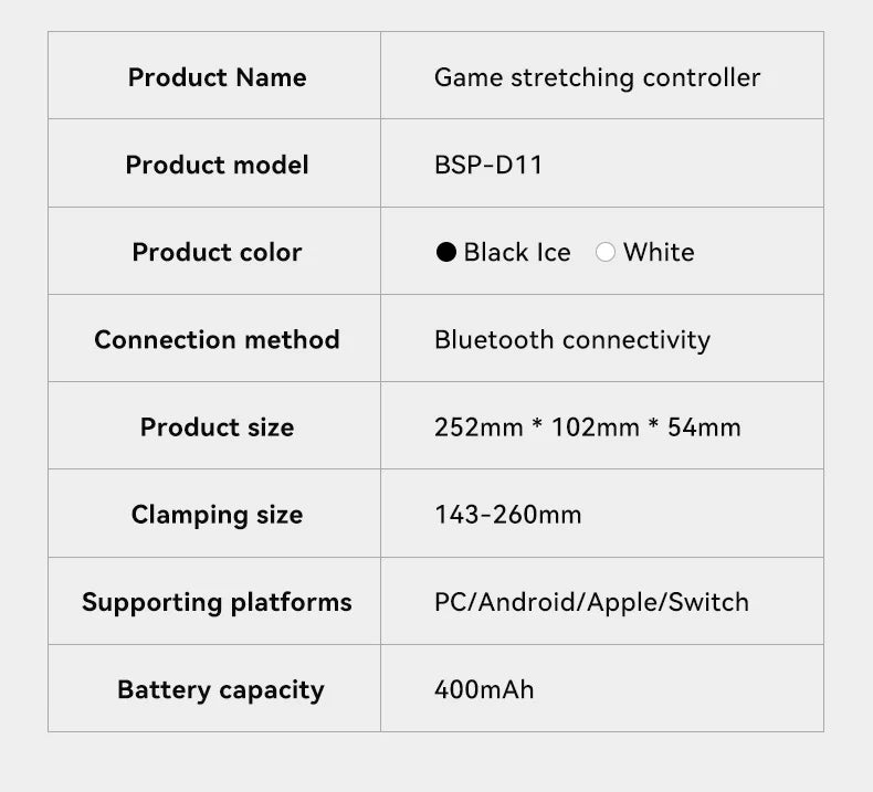 Bluetooth phone game controller specifications table for BSP-D11