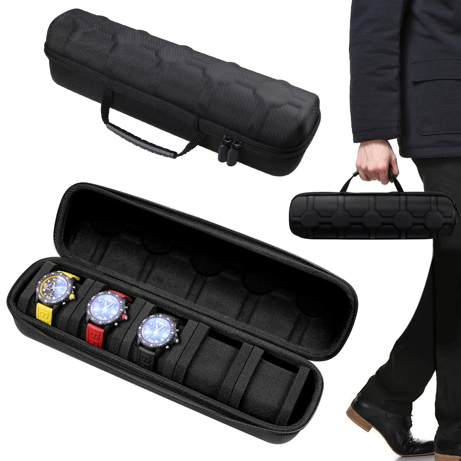 Black travel watch case with foam dividers and zip closure, open for 5 watches.