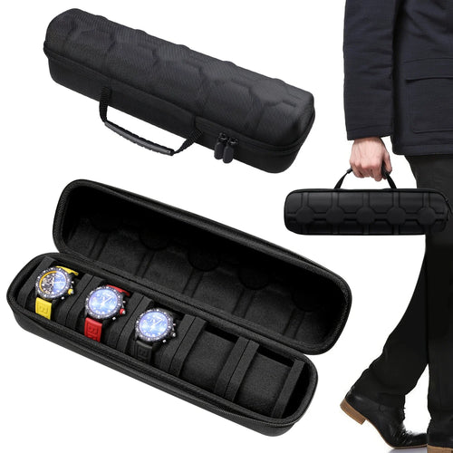 Black travel watch case with foam dividers and zip closure, open for 5 watches.