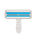 White pet hair remover roller with blue dual cleaning drums, isolated front view.