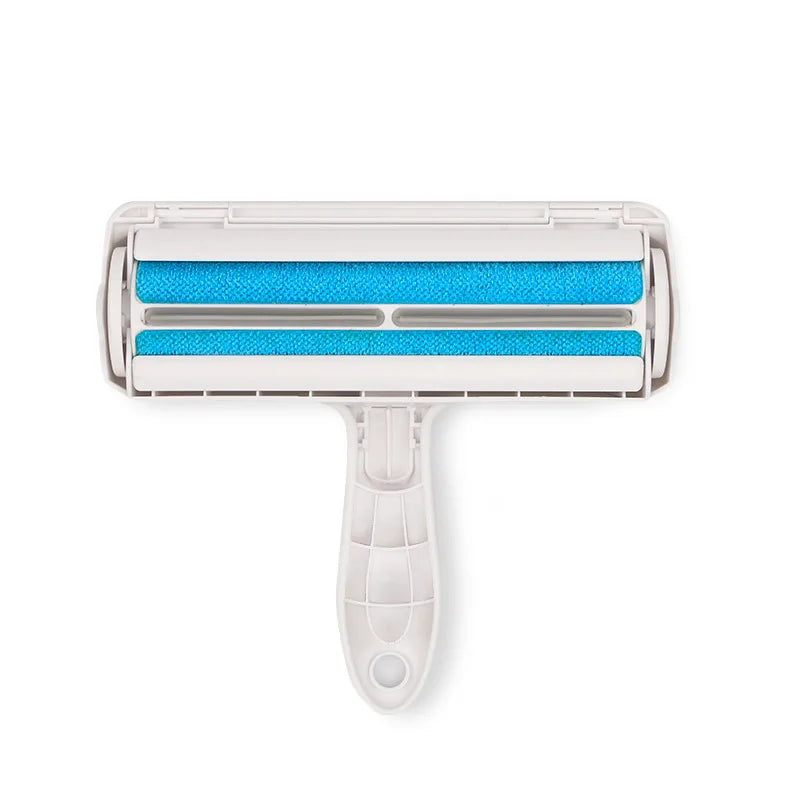 White pet hair remover roller with blue dual cleaning drums, isolated front view.