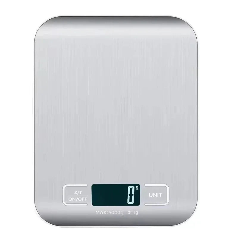 Stainless digital kitchen scale front with dark LED display showing 0 and ON/OFF and UNIT buttons