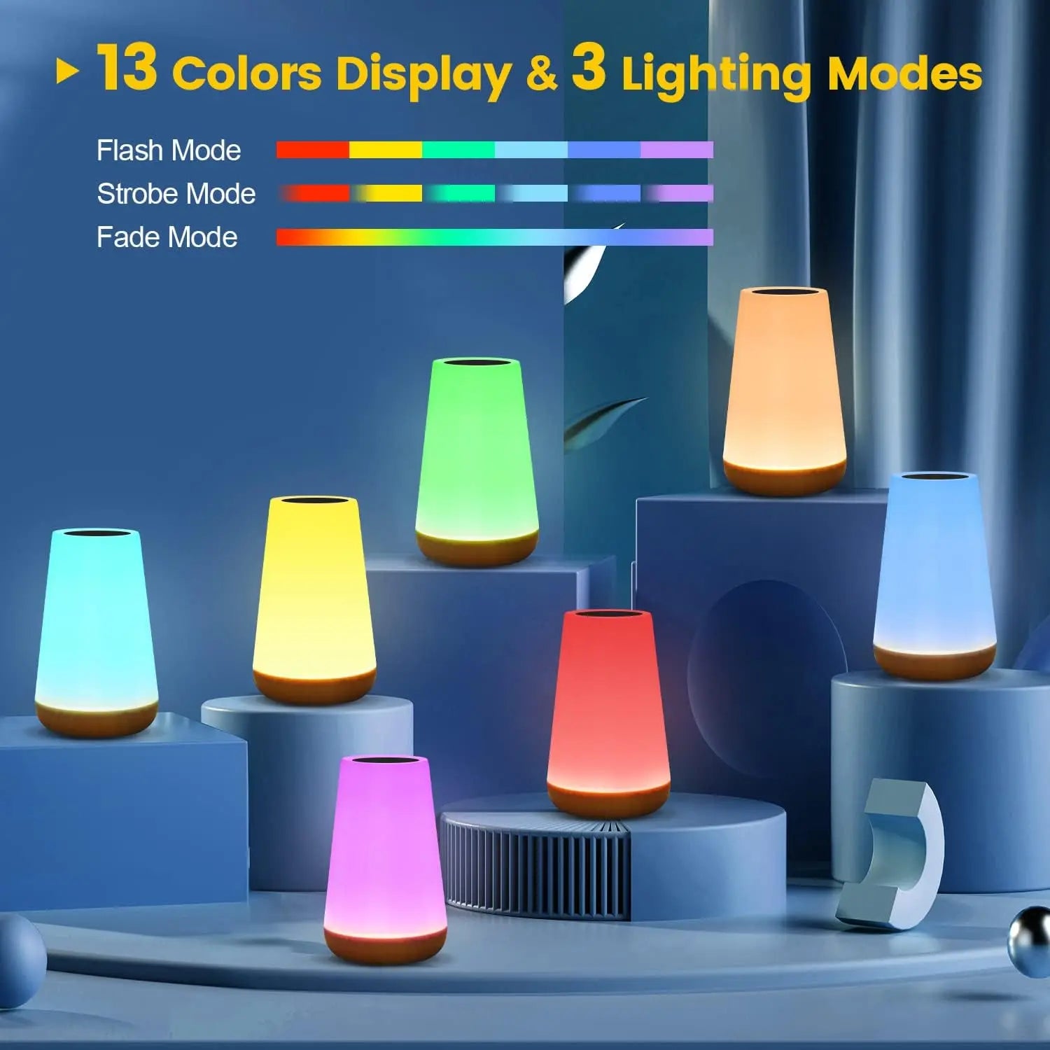 RGB touch night lamp with multiple colored glowing options on display blocks.