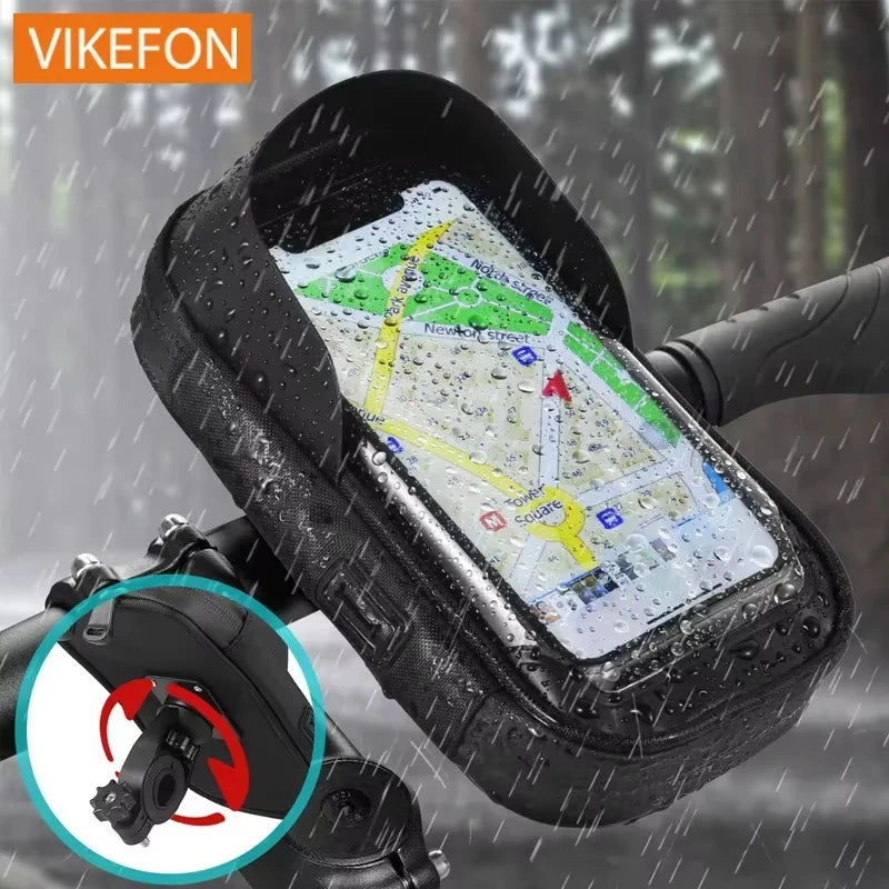 Waterproof black phone holder case with clear touch window and handlebar mount