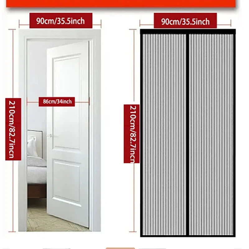 Black mesh door curtain with two panels; 90x210cm size diagram