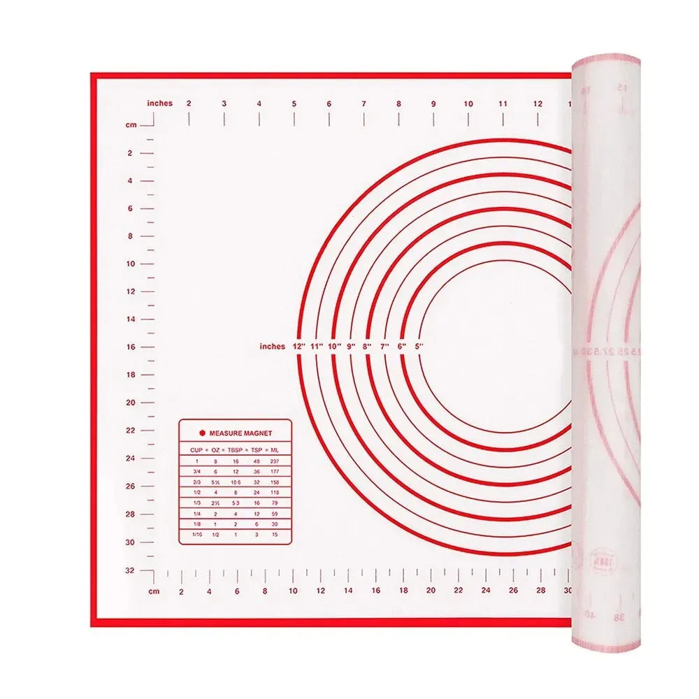 Rolled silicone dough mat with red concentric rings and measurement grid