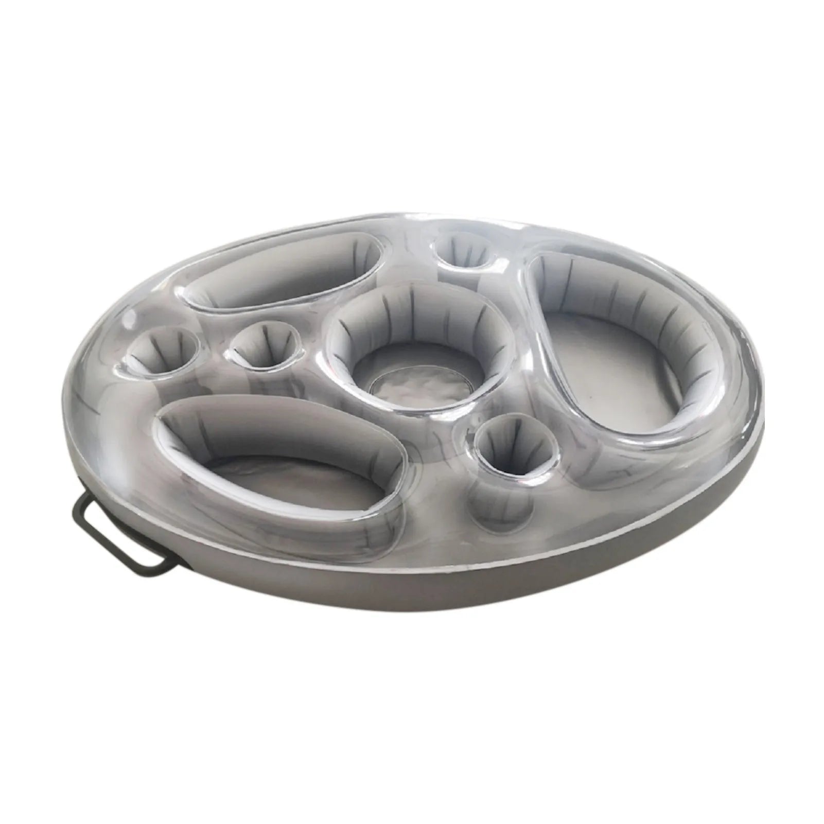 Gray inflatable drink cooler float with molded cup holders and two side openings