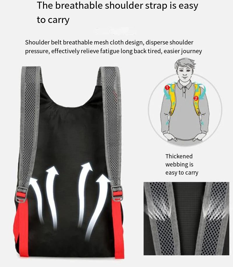 Folding backpack with breathable mesh shoulder straps and padded webbing