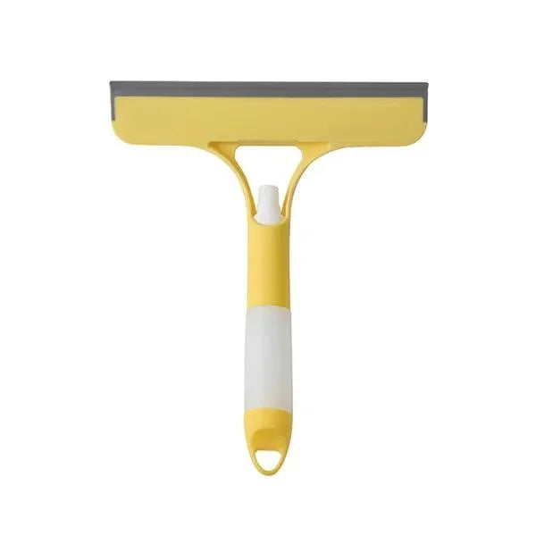 Yellow window squeegee wiper with gray rubber blade and white handle section
